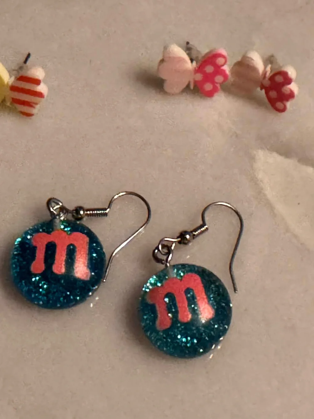 Set of 3 Kids Blue Glitter 'm' Dangle Earrings - Pink Accent